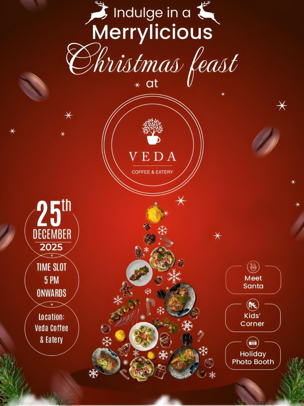 Christmas feast poster with dishes arranged as a Christmas tree