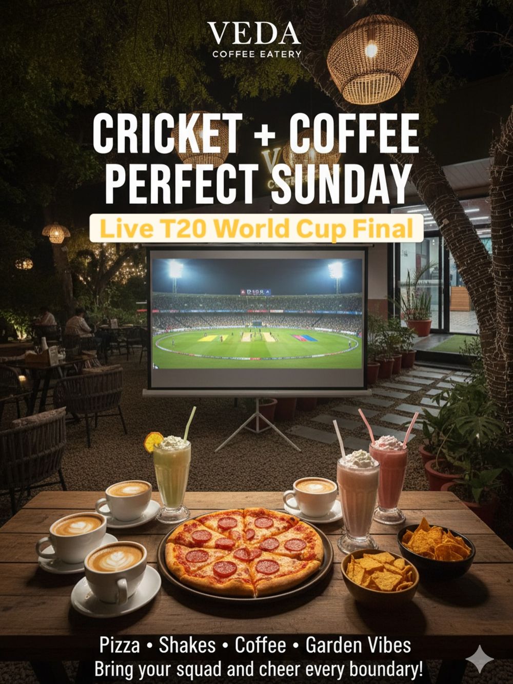 Cricket + Coffee poster: a big screen in the garden with pizza and shakes on the table
