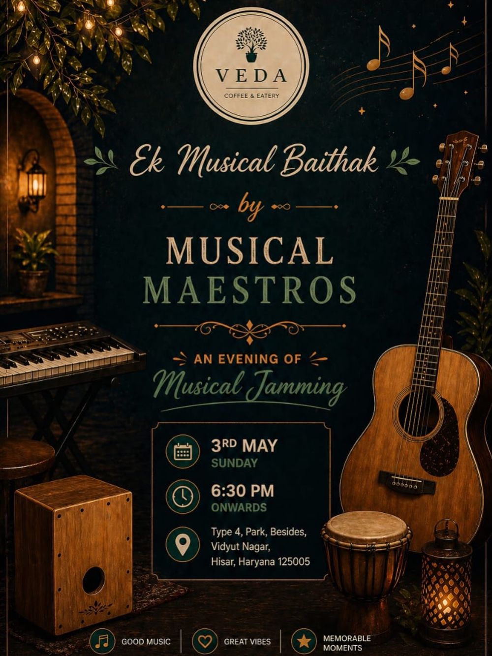 Ek Musical Baithak poster with a guitar, keyboard and cajón, 3rd May, 6:30 PM