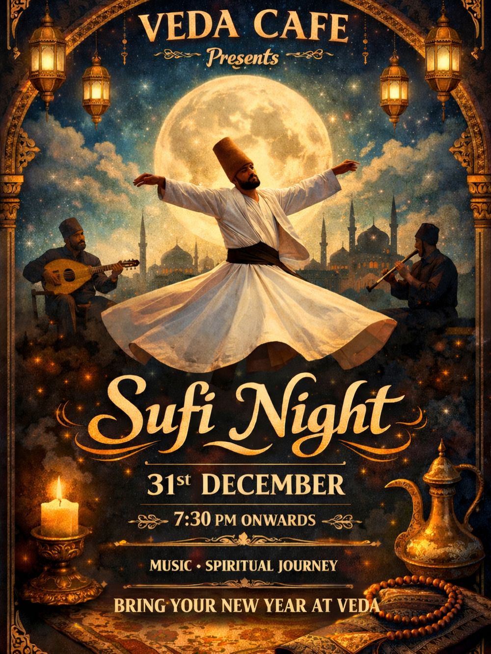 Sufi Night poster: a whirling dervish under a full moon, 31st December, 7:30 PM onwards
