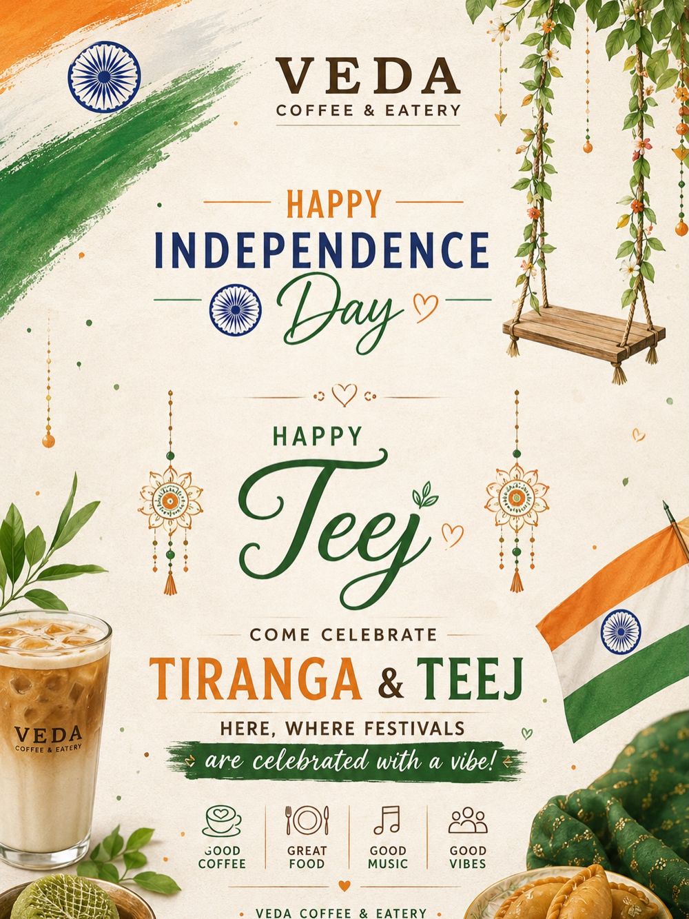 Independence Day and Teej poster with the tricolour and a swing