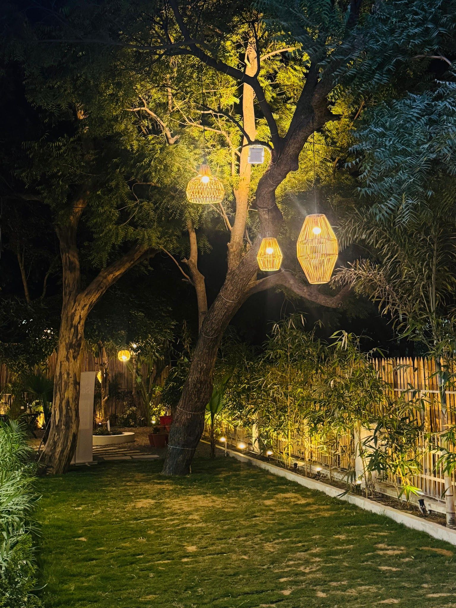 Veda’s garden path at night under woven lanterns