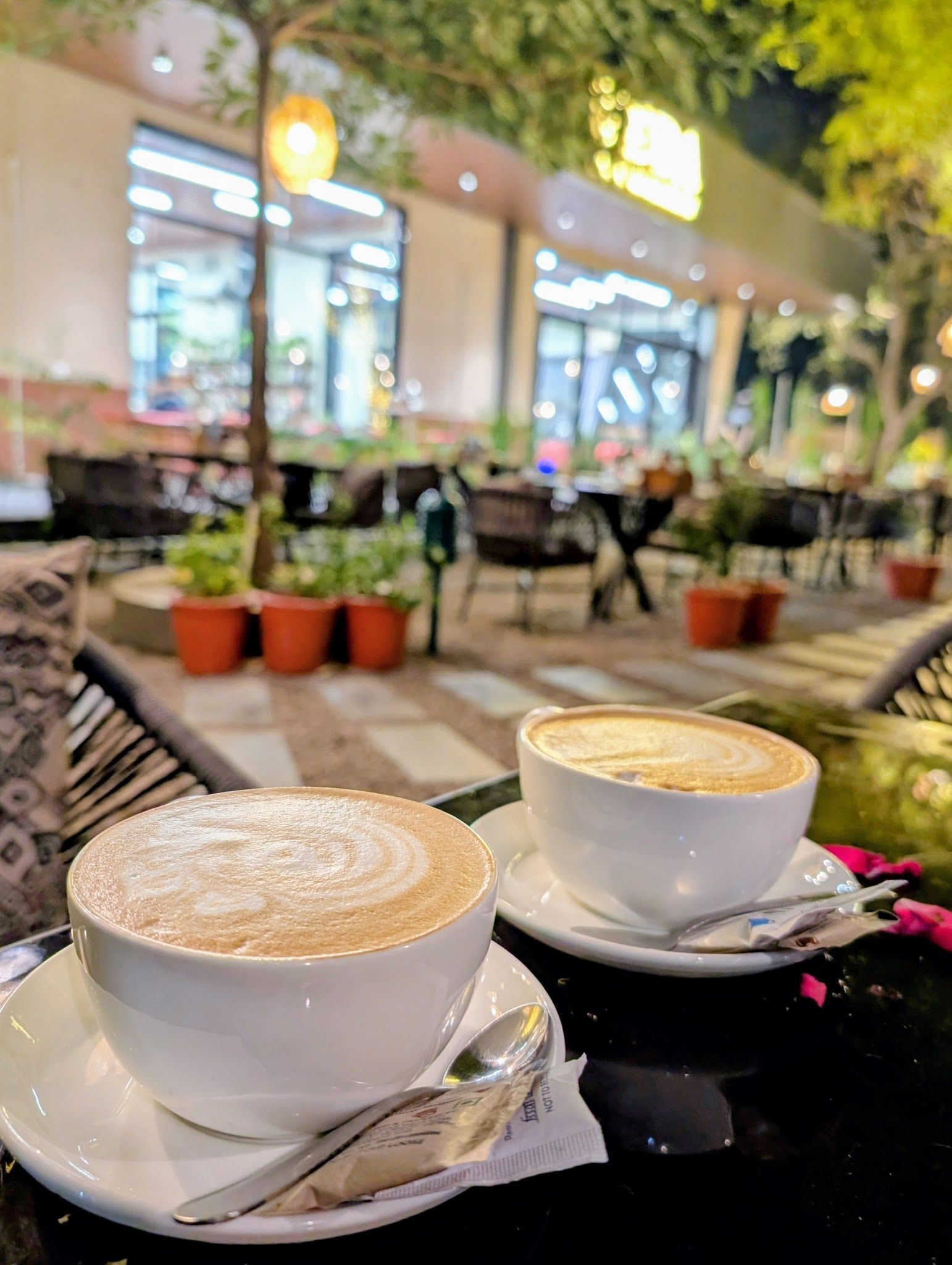 Two lattes with latte art and rose petals on a garden table at night