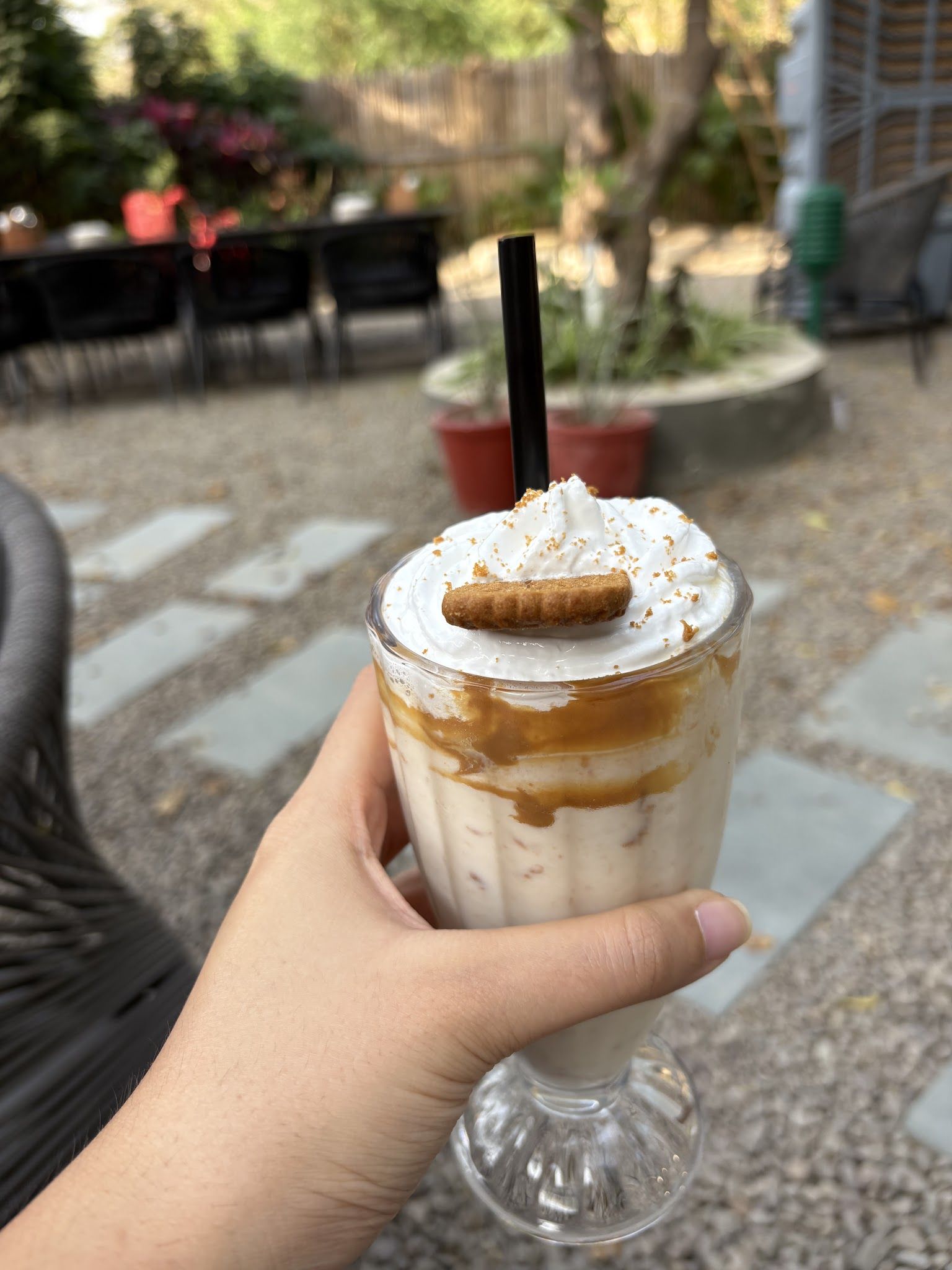 A thick shake topped with whipped cream, caramel and a cookie